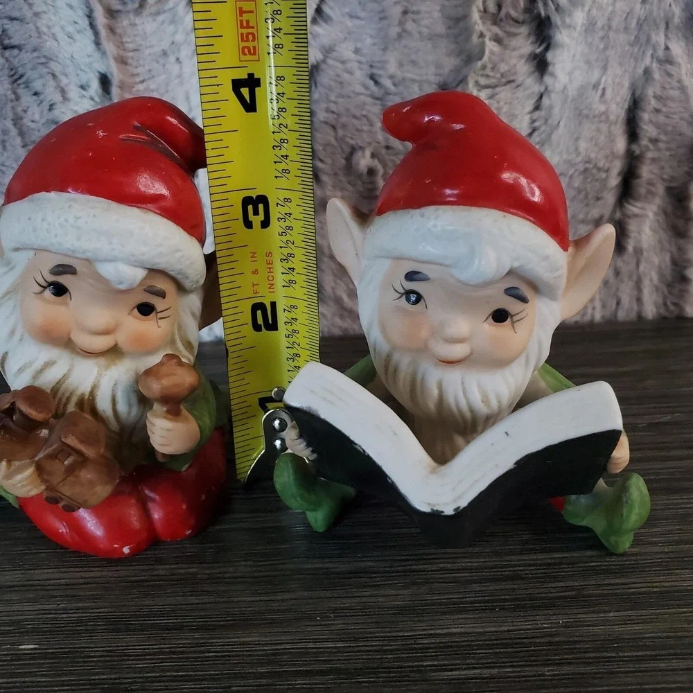 Christmas Elf Figurines Vintage Homco Ceramic Porcelain Set of Two 3.75